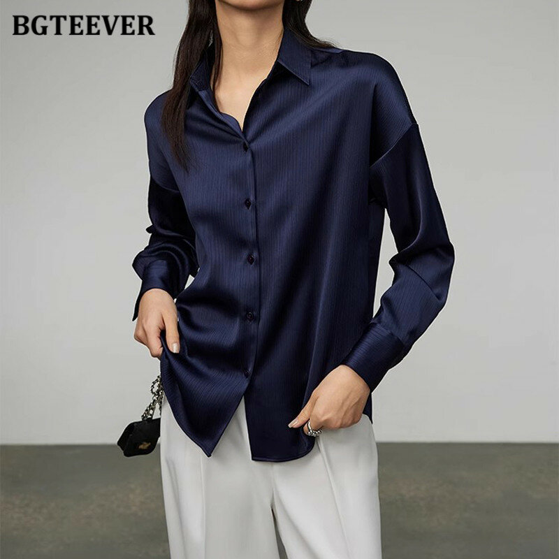 Bgteever เสื้อเบลาส์ผ้าซาตินคอปกแบบกระดุมแถวเดียวสำหรับผู้หญิง, เสื้อทรงหลวมแขนยาวเสื้อสตรีสำหรับฤดูใบไม้ผลิ