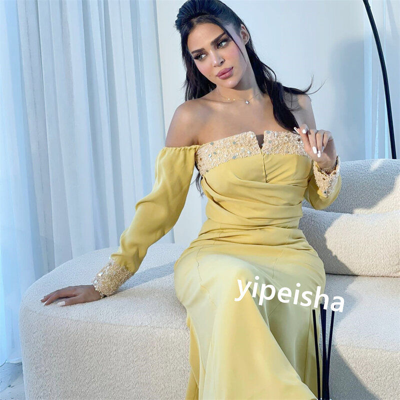 Sukienka balowa Koszulka wieczorowa Frezowanie Impreza Linia A Odkryte ramiona Okazja na zamówienie Suknia Midi Sukienki Arabia Saudyjska