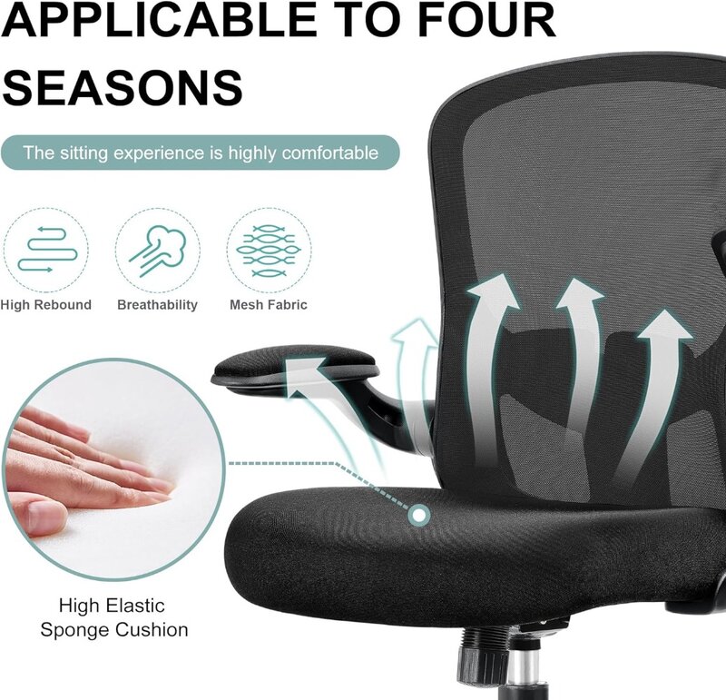 Cadeira de mesa ergonômica com apoio lombar e braço flip-up, ajustável malha giratória, computador do escritório