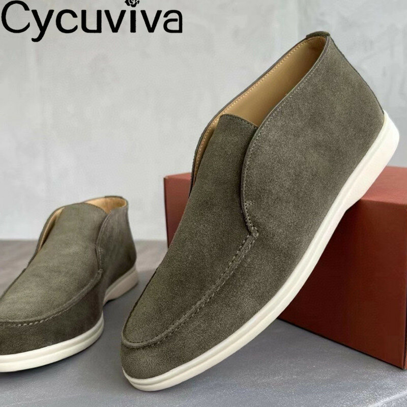 Hot Sale Suede High Top Loafers Men Shoes Rubber Sole Casual Comfort Flat Shoes Male Autumn Male Driving Holiday Open Walk Shoes