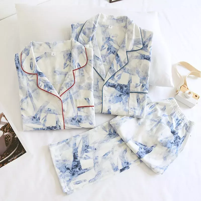 Pijamas de punto para hombre y mujer, ropa de dormir de manga larga con cuello vuelto, 100% algodón, 2 piezas, Otoño e Invierno