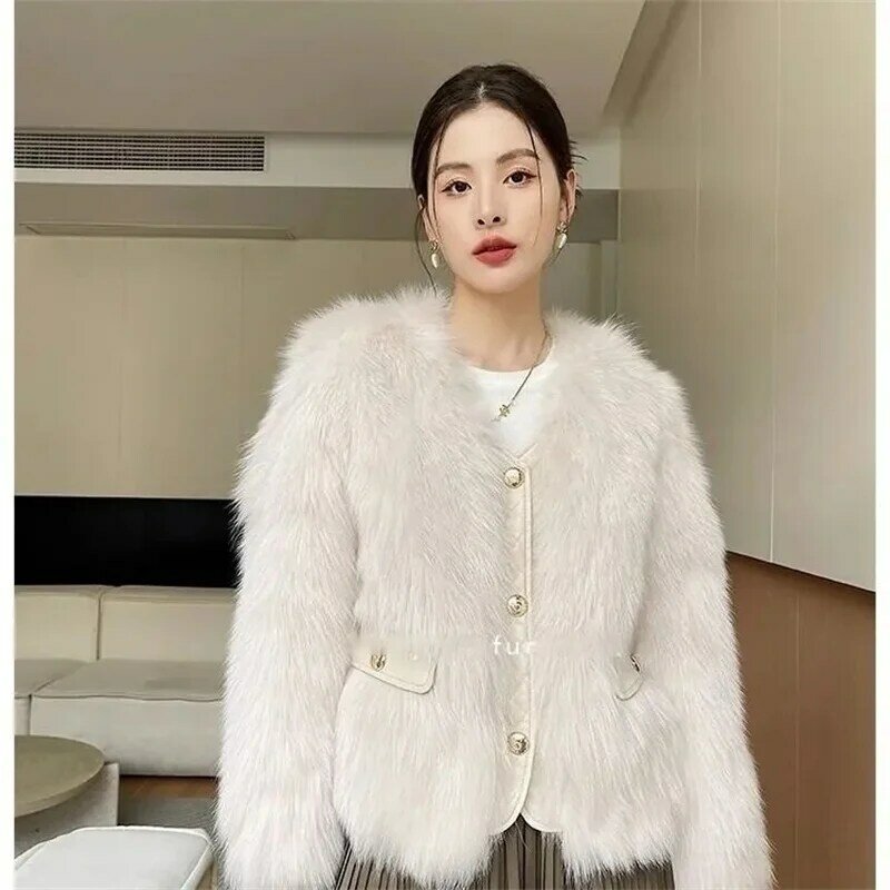 Mantel tebal musim dingin wanita, Atasan wanita elegan, pakaian luar Korea, jaket tebal, jaket mantra bulu rubah imitasi, mantel baru musim dingin 2023