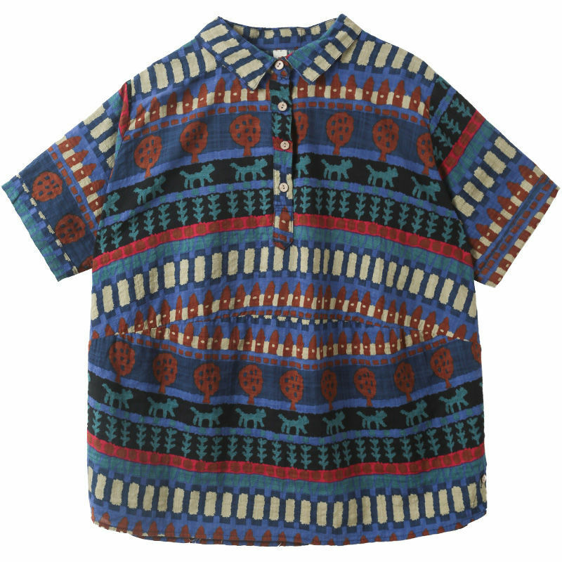 Blusa informal holgada con cuello de Polo para mujer, Jersey de manga corta con estampado Vintage, camisa de lino y algodón que combina con todo, moda de verano