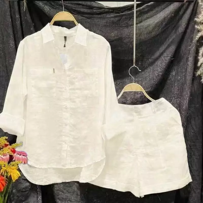 2024 Summer Two Piece Sets Women Cotton Linen Fashion White Long Sleeve Shirt And Shorts Loose Casual Home 2 Piece Set For Women