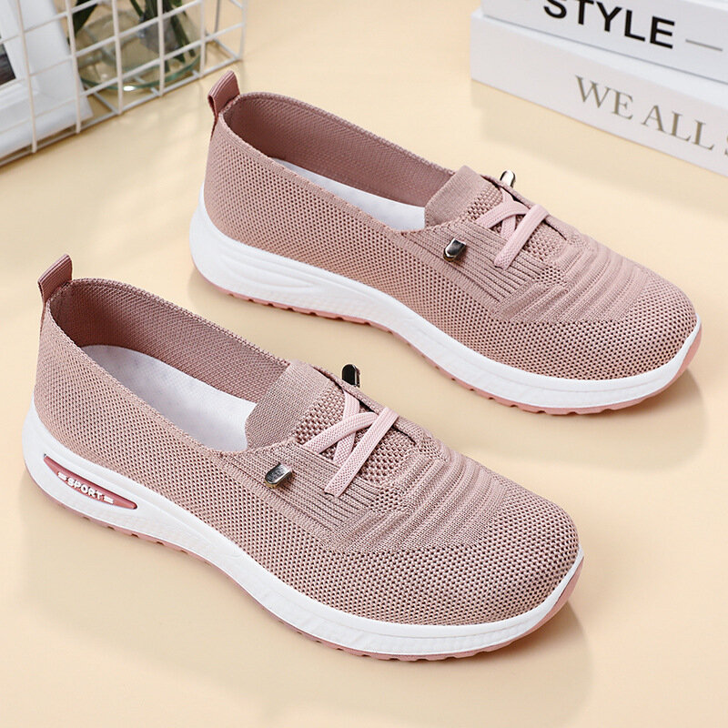 Ladies flat shoes mesh knitted loafers soft bottom comfortable middle-aged ladies sports shoes