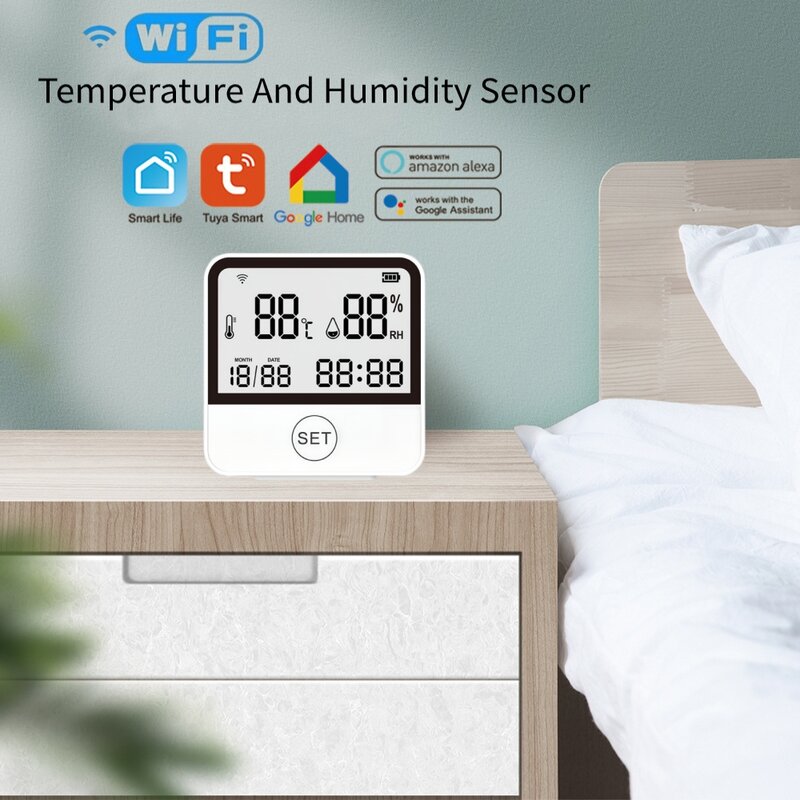 Sensor inteligente de temperatura y humedad para interiores, higrómetro, termómetro con pantalla LCD, compatible con Alexa y Google Home, Tuya, WIFI
