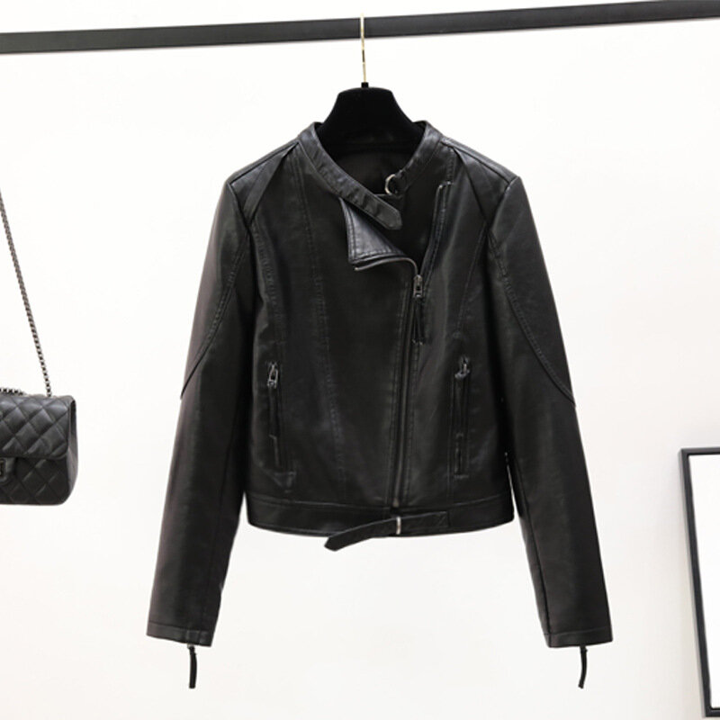 Женская Осенняя новая мотоциклетная куртка из искусственной кожи 2024, простая короткая облегающая кожаная куртка с воротником-стойкой