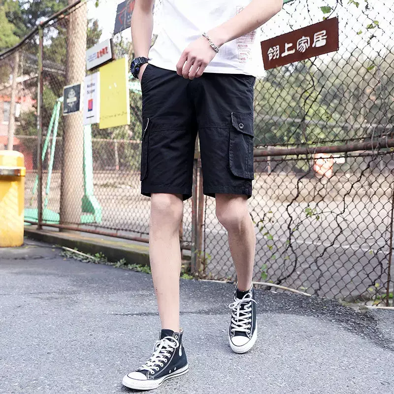 Męskie bermudy krótkie spodnie czarne pół guziki męskie szorty bojówki Harajuku luźne Strech projektant Y2k bawełniana styl miejski nowość w swobodnym stylu