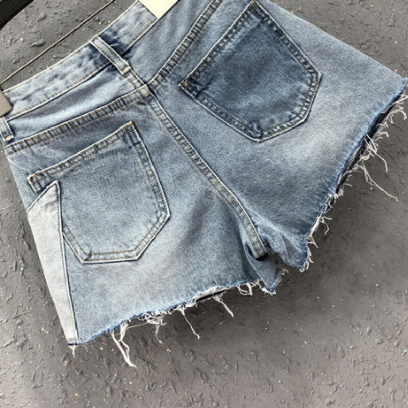 Shorts jeans combinados personalizados femininos, largos e versáteis, calças quentes, coloridas, tendência de verão, novo, 2024