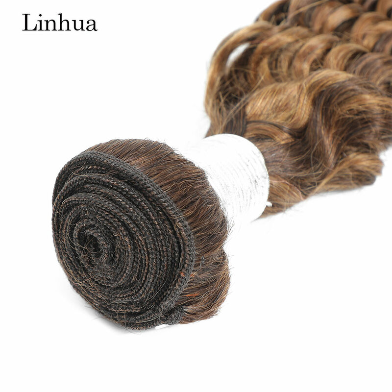 Linhua-mechones de cabello humano ondulado profundo P4/27, 30 pulgadas, 1, 3, 4 piezas, resalte, Marrón degradado, rubio miel, tejido de trama de cabello rizado profundo