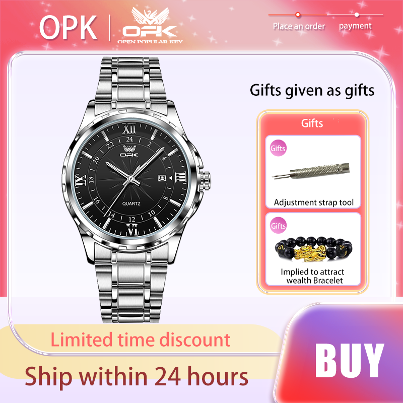 OPK Luxury Original Brand Men's Watches Calendar Waterproof Quartz Watch Luminous Business Stainless Steel Strap Male Wristwatch