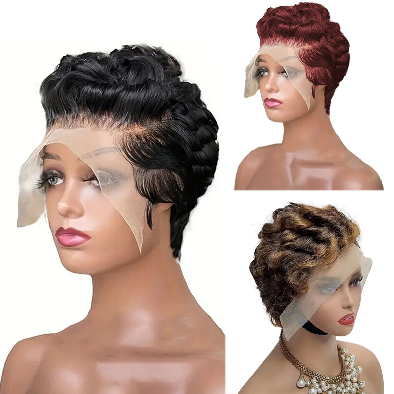 Peluca de cabello humano rizado 100% para mujeres negras, pelo corto Bob Pixie, corte Pixie #350, encaje 99J Frontal de color, 13x4