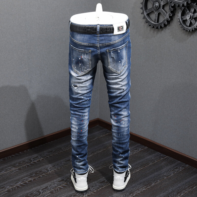 Designer de moda Homens Jeans Retro Azul Elastic Stretch Slim Fit Rasgado Jeans Homens Streetwear Pintado Vintage Denim Calças Hombre
