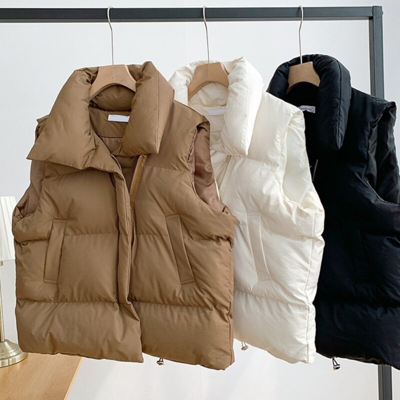 Colete leve acolchoado com zíper para mulheres, colete curto monocromático, gola alta, jaqueta sem mangas, casacos, outono e inverno