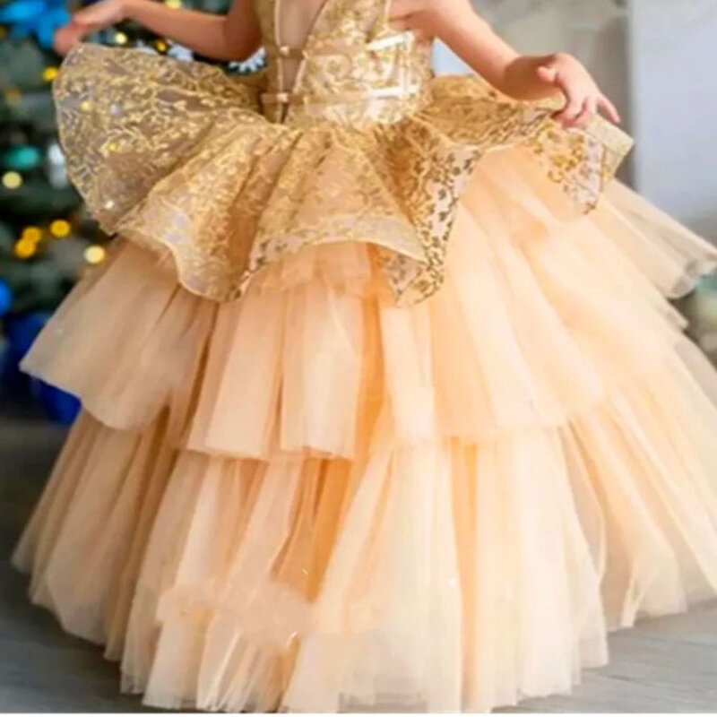 Flower Girl Dress For Wedding Glitter Sequins Applique Tulle Layered Puffy Sleeveless Birthday Party Evening Banquet Dresses