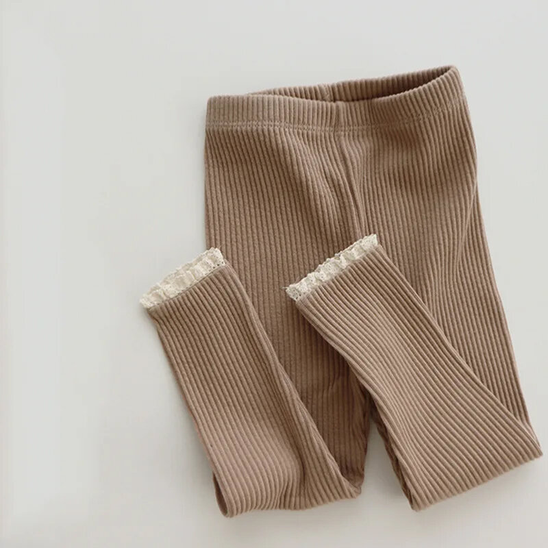 Leggings en coton et dentelle pour nouveau-né fille, pantalon moulant, couleur unie