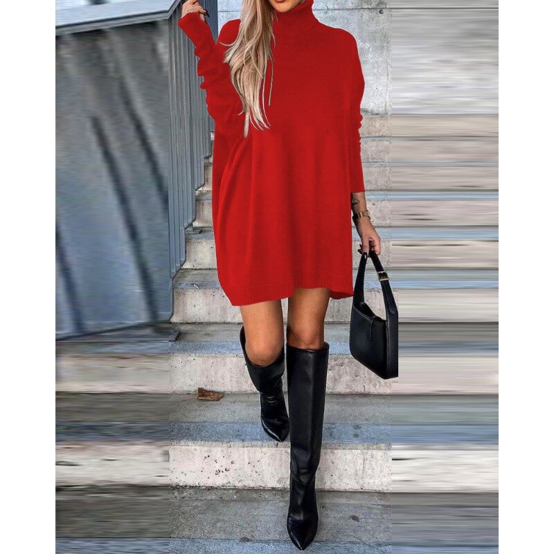 2024 Autumn New Women's Clothing Solid Color High Collar Elegant Loose Dress Casual Fashion