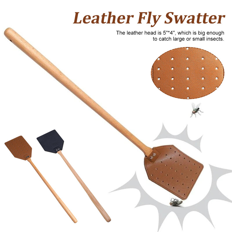 Couro Fly Swatter com Long Wood Handle, resistente Flyswatter durável, interior e exterior controle de pragas Rústico Swatter, 19 ", 1Pc