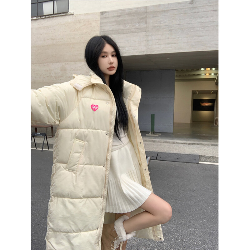 Women's Solid Long Cotton Jackets Heart Appliques Soft Hooded Warm Padded Coats Female Fall Winter Versatile Loose Overcoats