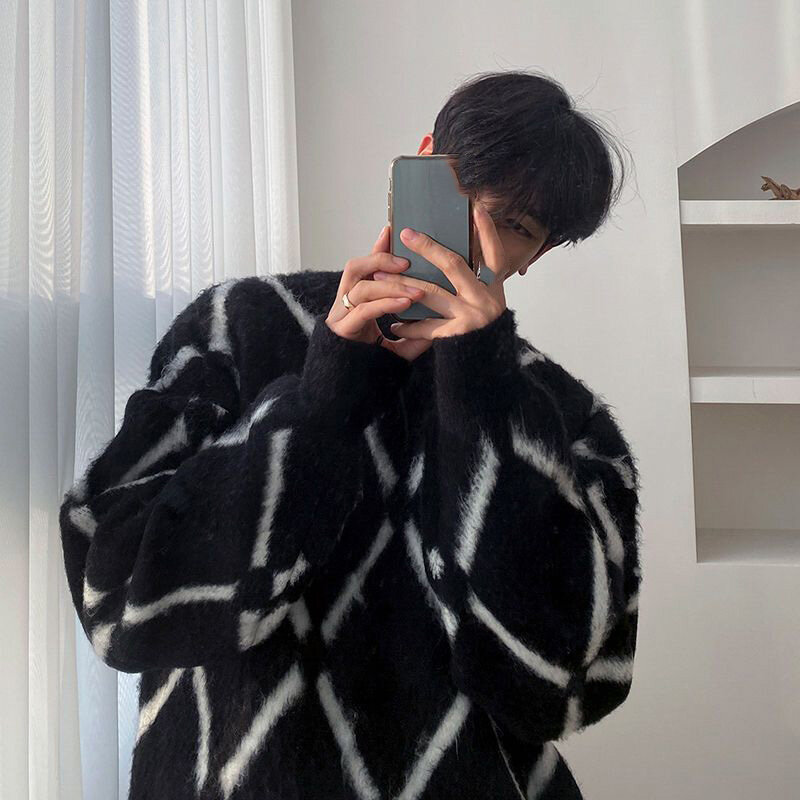Peluche diamante Plaid uomo Pullover maglione Vintage moda coreana impiombato maglione caldo inverno maschio addensare maglione lavorato a maglia Casual