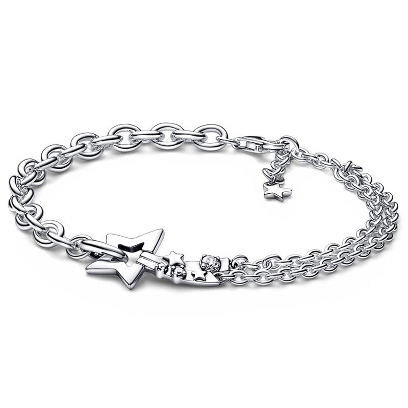 Love Links-pulsera de doble cadena para mujer, brazalete de Plata de Ley 925, con diseño de grupo de herbario de estrellas fugaces, joyería artesanal