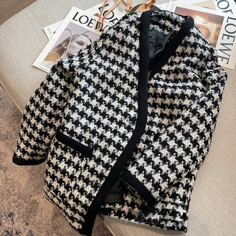 Casaco Vintage Houndstooth para senhora, mistura de lã, jaqueta de Tweed coreana, soltas, peito único, plus size, escritório, outono, inverno, 2023