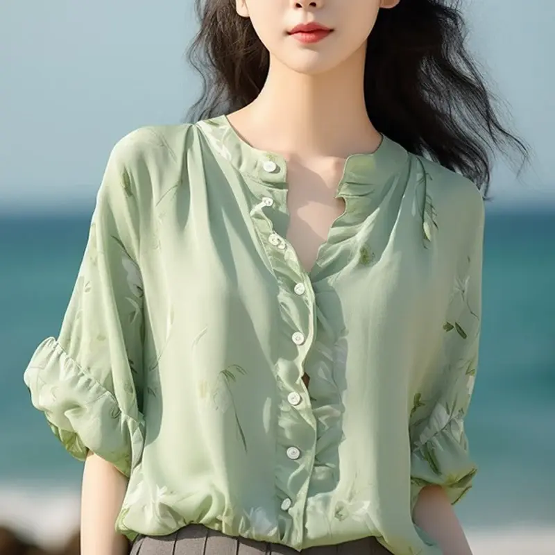 Satin Women's Shirt Spring/Summer Printed Vintage Blouses Loose O-necks Women Tops Short Sleeves Fashion Clothing YCMYUNYAN