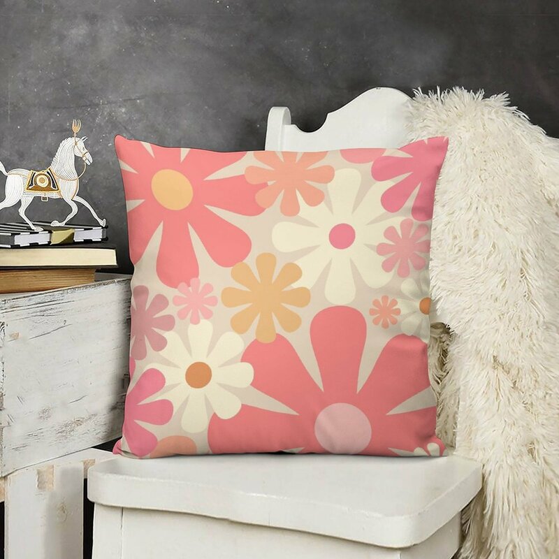 Blush Pink Retro 60s 70s Flowers - Vintage Style Pastel Floral Pattern Throw Pillow Cushions