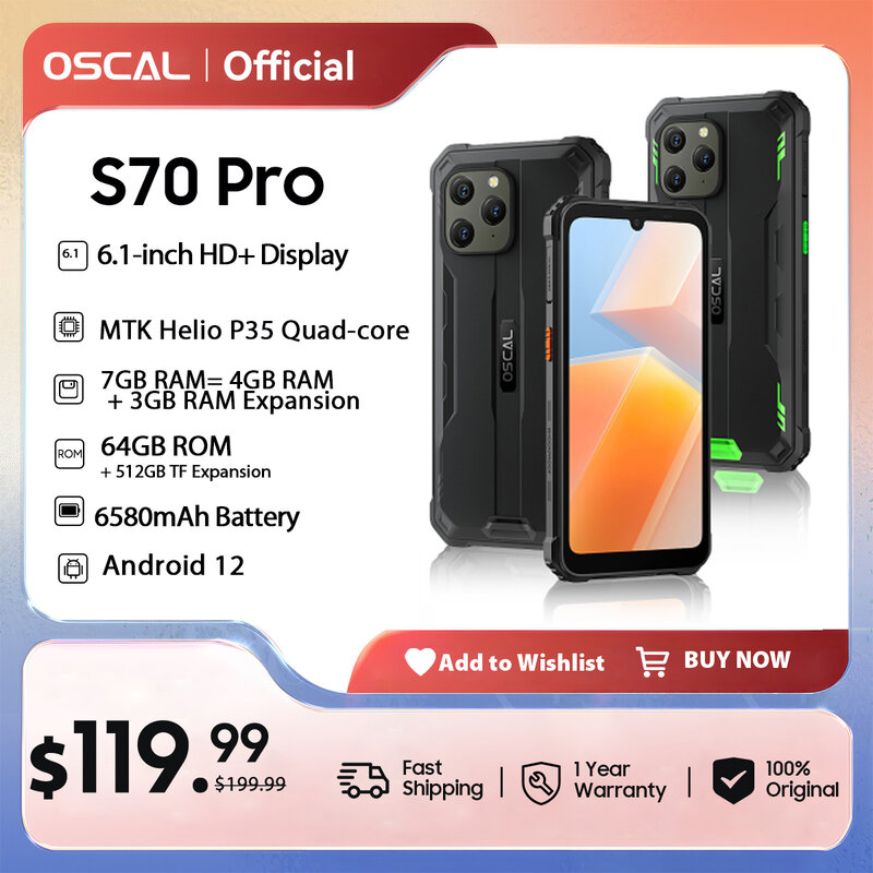 OSCAL-Smartphone S70 Pro, Téléphone Portable Robuste, Android 12, IP68, Étanche, 4 Go + 64 Go, 6580mAh, Helio P35, 6.1 Pouces, 4G