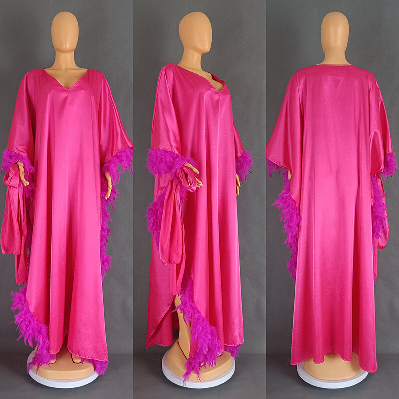Африканское платье Дашики базин богатые для женщин африканская одежда свободные перья рукав летучая мышь с высоким разрезом халат Африканское женское Платье Макси