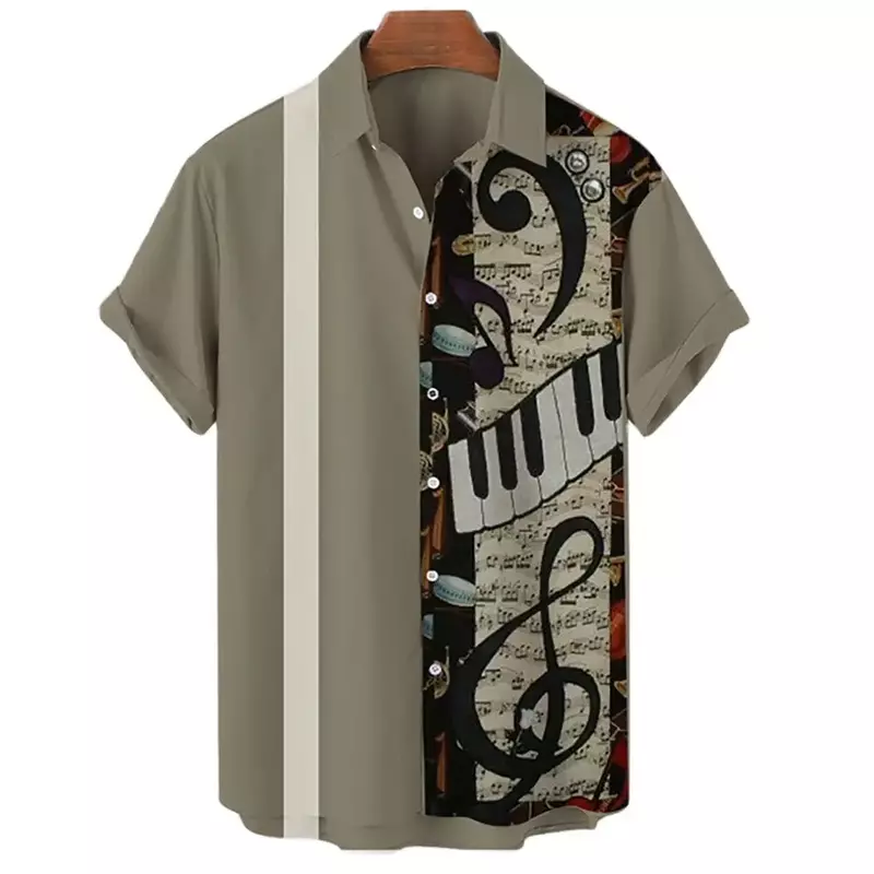 여름 라펠 싱글 단추 하와이 남성 캐주얼 3D 프린트 셔츠, 해변 반팔 셔츠, 악기 셔츠, 2024 신제품