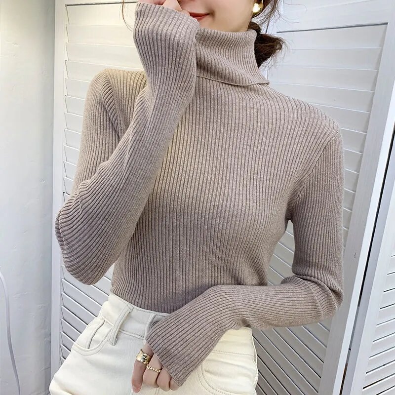 women Clothing Autumn Winter High Neck Sweater 2023 New Apricot Knitted Top Trendy  Versatile Slim Fit Bottom for Women Pullover