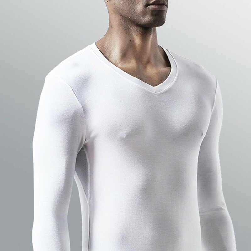 Męska jesienno-zimowa bielizna termiczna z długim rękawem z okrągłym dekoltem długa koszula pulower z guzikiem t-Shirt modalna lodowy jedwab siateczkowa ciepłe koszule
