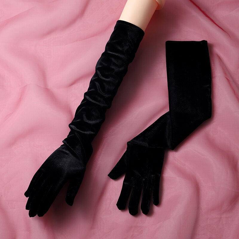 ถุงมือยาวผ้าซาตินสีดำเรียบง่ายแบบย้อนยุคสไตล์ Hepburn สำหรับสตูดิโอถ่ายภาพย้อนยุคผ้ากำมะหยี่พร้อมอุปกรณ์เสริม