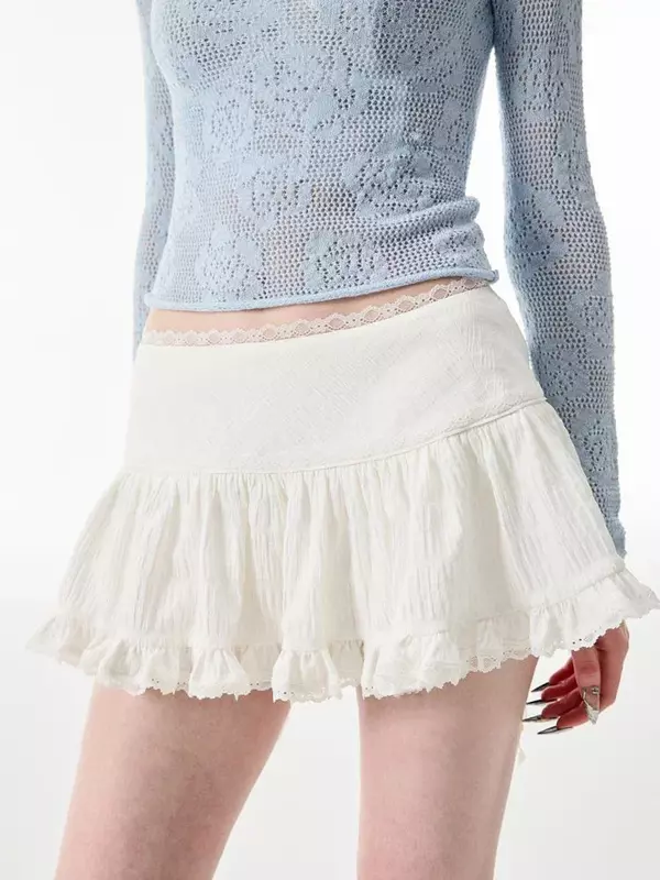 HOUZHOU Coquette Mini Skirt Women 2024 Kawaii Lace Mesh Patchwork Sexy White High Waist A-line Lolita Ruffle Skirt Fairycore