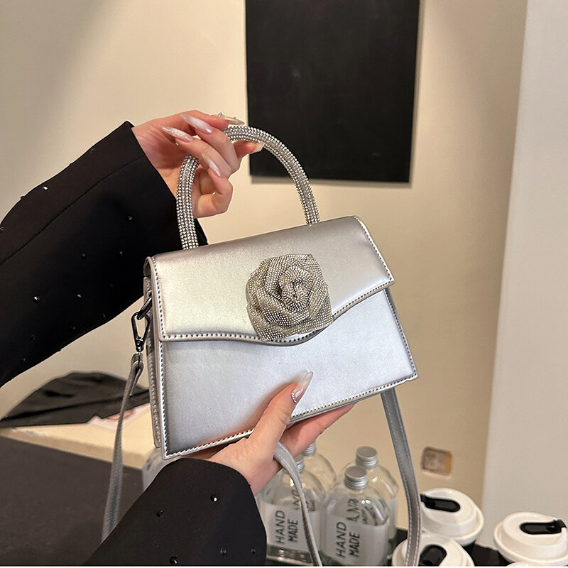 Mini Small Square Bag Tote Women Designer Luxury Handbags Handle Rhinestones Female Famous Brand Elegant Crossbody Bag Silver