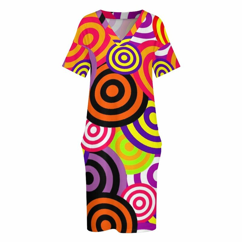 빈티지 70S 드레스 플러스 사이즈 다채로운 서클 프린트 미적 캐주얼 드레스, 여성 여름 반팔 레트로 드레스, 생일 선물