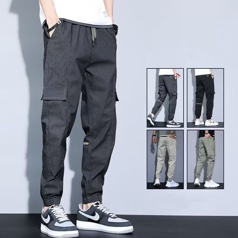 Calça de cintura elástica masculina multi bolsos, calça de jogger resistente ao desgaste, roupa simples, tecido macio, primavera, verão