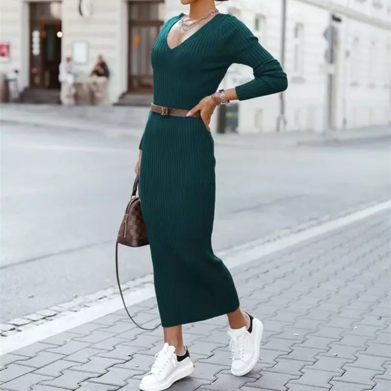 Casual Y2k Plain V-neck Long-sleeved Slim Winter Spring and Autumn Clothing Daily Maxi Knit Bodycon Dress