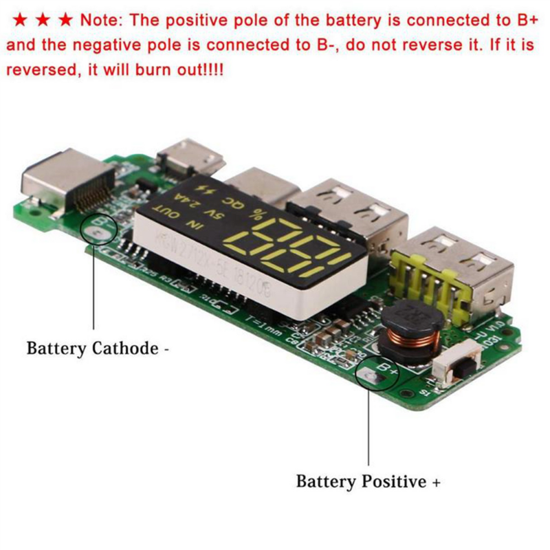 Placa do carregador da bateria do lítio, banco móvel do poder, LED, USB duplo, micro, tipo-C, módulo de carregamento 18650, 4 PCes, 5V, 2.4A
