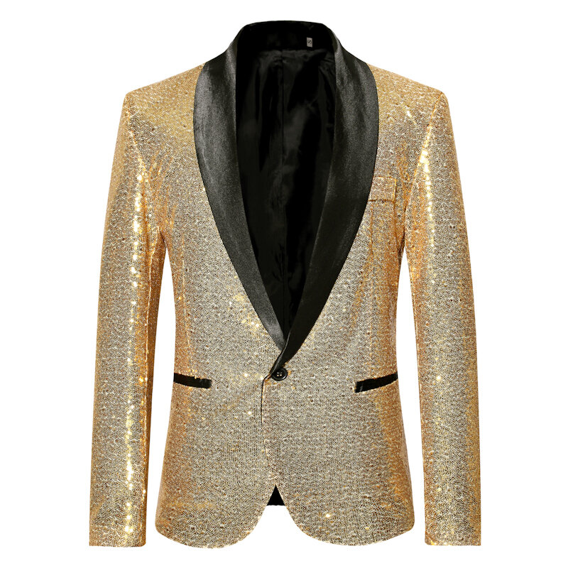 Jaket Blazer Berhias Glitter Payet Emas Berkilau Mantel Setelan Prom Klub Malam Pria Kostum Pakaian Panggung Homme untuk Penyanyi