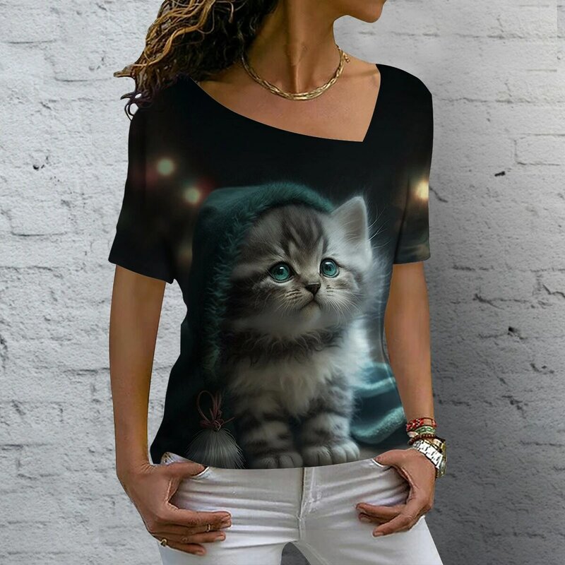 Kawaii Cat Print T-shirt, meninas, Y2K, verão, manga curta T-shirt, decote em v, casual, feriado, fêmea, Top, 3D