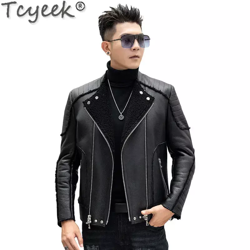 Tcyeek-casacos de pele real grossos para homens, jaqueta de couro genuíno de motocicleta, roupas masculinas, pele de carneiro natural, inverno, 2023