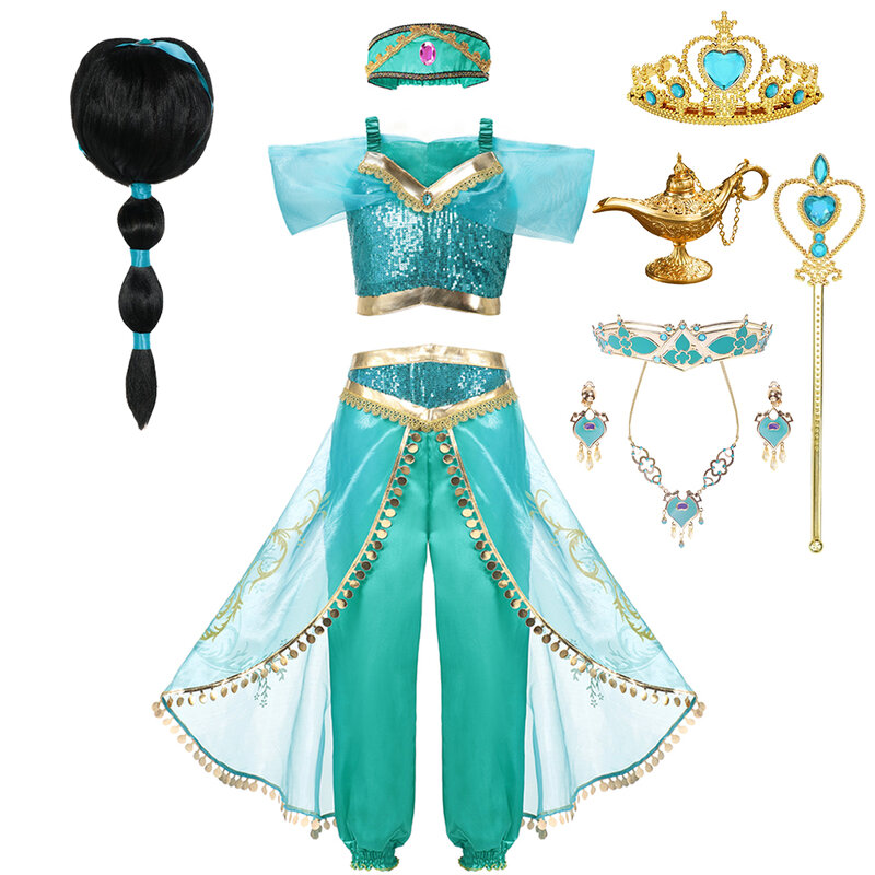 Disney Jasmine Aladdin Princess Dresses Magic Lamp Girls Party Carnival Cosplay Costumes Top+Pant+Headband 3PCS Clothes Vestido