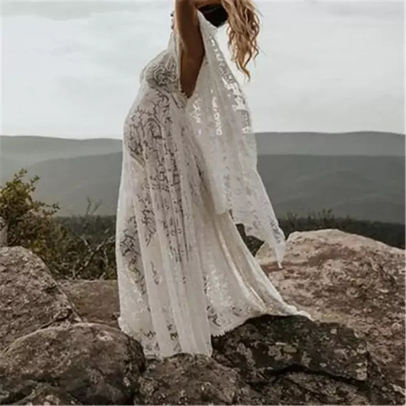 Vintage Maternity Boho Lace Batwing Sleeve Long Dress Gown for Pregnant Shooting Photo Photography Props Clothes for Baby Shower