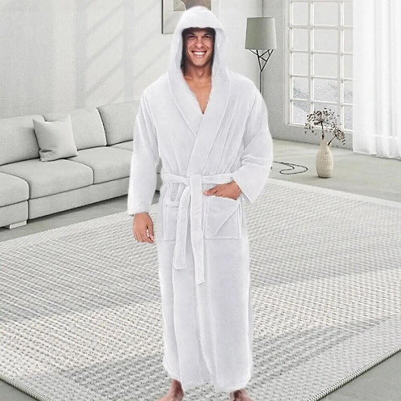 Hooded Bathrobe Soft Absorbent Men's Hooded Bathrobes Adjustable Belt Pockets Cozy Fluffy Shower Male Bathrobe Sleep Lounge
