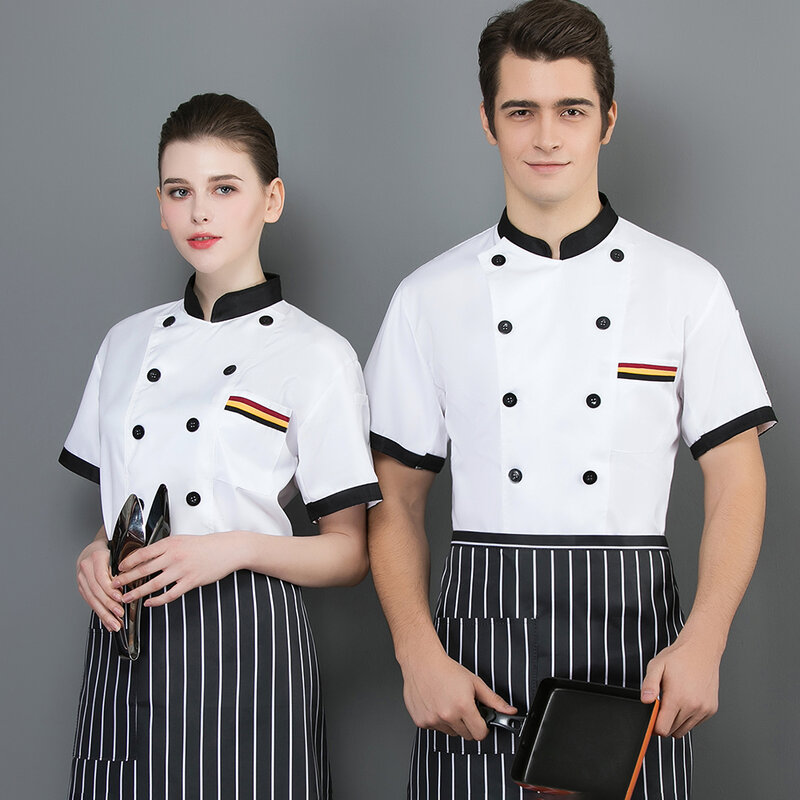 Męskie fartuch szefa kuchni strój kucharza kurtki do gotowania z krótkim rękawem usługi gastronomiczne bluzki do restauracji praca w kuchni ubrania do piekarni