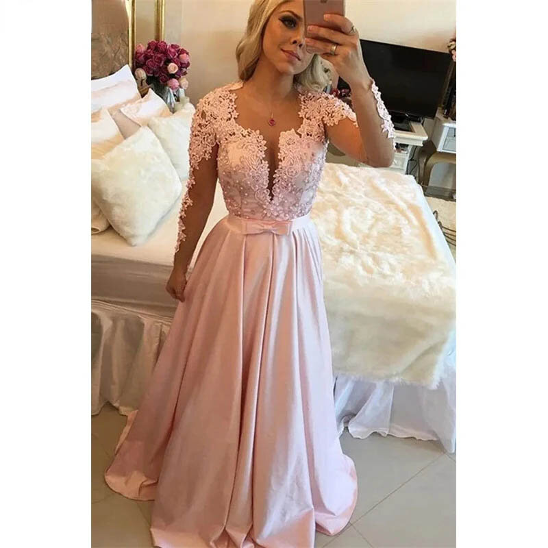 Simple Elegant  Mother of the Bride Dresses Satin With Bow Appliqued Full Illusion Sleeves Wedding Guest Gowns