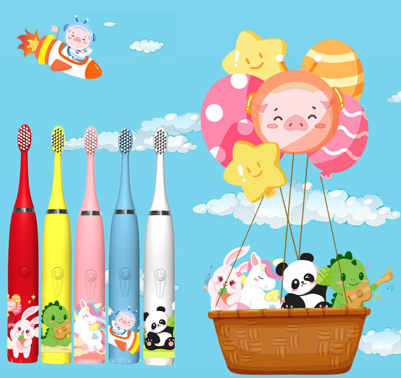 子供用ソニック電動歯ブラシ,カラフルな漫画,充電式,ソフトファー,自動,防水,交換用ヘッド付き