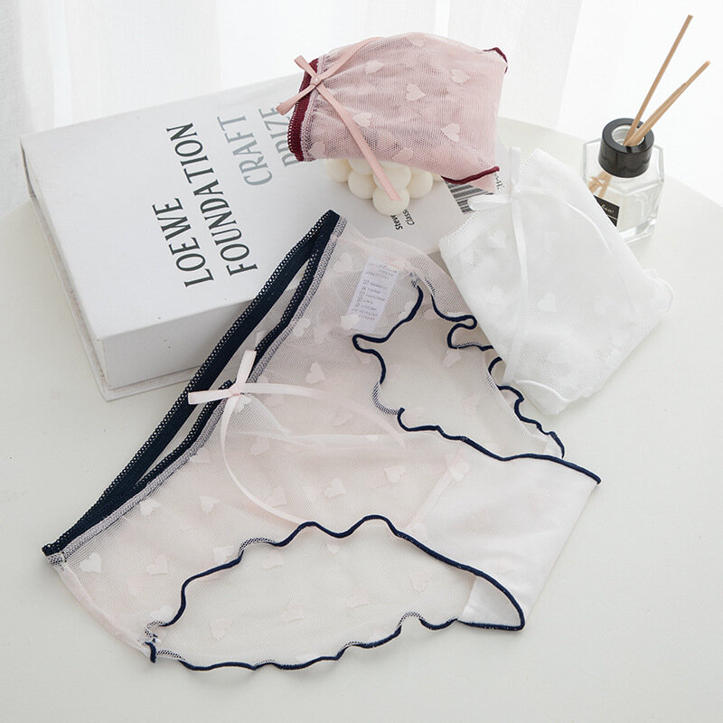 여성용 귀여운 하트 모양 자카드 활 얇은 브리프, 통기성 미드 웨이스트 팬츠, 레이스 시스루, 섹시한 소녀 속옷